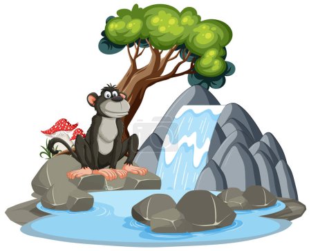 Ilustración de Mono de dibujos animados sentado junto a una cascada y rocas - Imagen libre de derechos