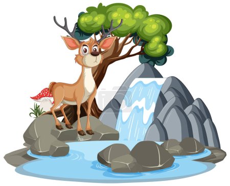 Illustration eines Hirsches in der Nähe eines kleinen Wasserfalls