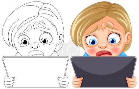 Téléchargez les illustrations : Deux enfants regardant des comprimés avec des expressions inquiètes. - en licence libre de droit