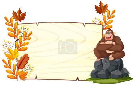 Téléchargez les illustrations : Gorille joyeux à côté d'un panneau en bois vierge. - en licence libre de droit