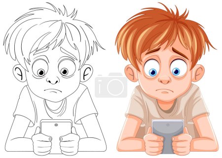 Téléchargez les illustrations : Deux garçons de bande dessinée absorbés dans leurs smartphones - en licence libre de droit