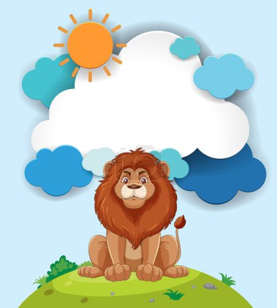 Ilustración de León de dibujos animados sentado bajo un sol brillante y nubes - Imagen libre de derechos