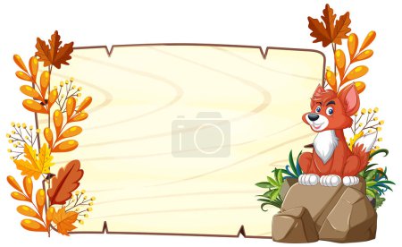 Illustration for Cheerful fox with fall foliage on wooden sign - Royalty Free Image