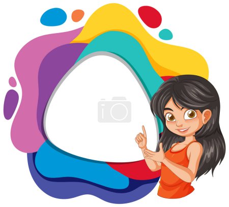 Illustration for Cartoon girl presenting a vibrant abstract frame - Royalty Free Image