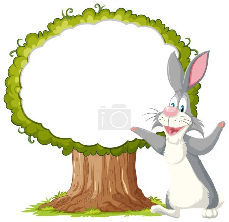 Illustration for Cheerful rabbit presenting an empty tree banner. - Royalty Free Image