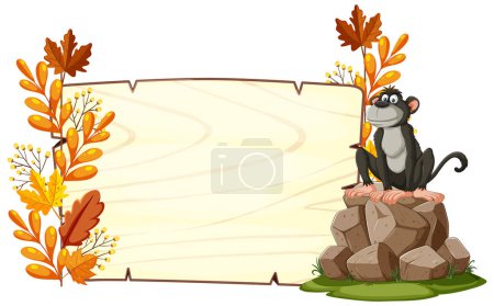 Ilustración de Mono alegre con hojas de otoño y pancarta en blanco - Imagen libre de derechos