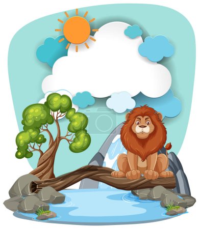 Téléchargez les illustrations : Lion dessin animé assis sur une bûche au-dessus de l'eau. - en licence libre de droit