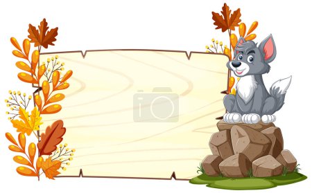 Illustration for Cheerful wolf pup sitting beside a blank sign. - Royalty Free Image