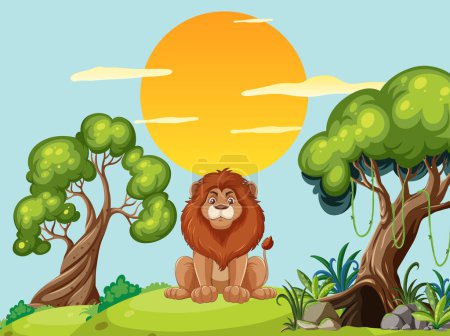 Téléchargez les illustrations : Un contenu lion assis sous un ciel ensoleillé - en licence libre de droit