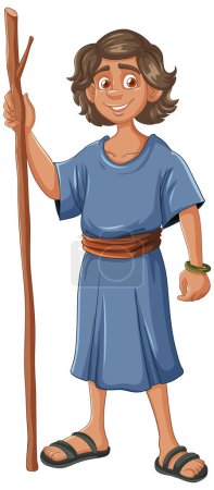 Cartoon shepherd boy smiling with walking stick