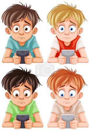 Téléchargez les illustrations : Deux garçons concentrés sur le jeu avec des appareils portatifs - en licence libre de droit