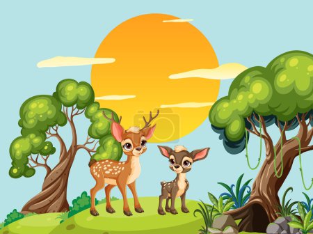 Téléchargez les illustrations : Deux cerfs dans une forêt animée au coucher du soleil - en licence libre de droit