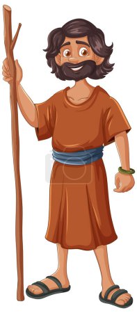 Illustration for Cheerful cartoon man in historical clothing holding a stick. - Royalty Free Image