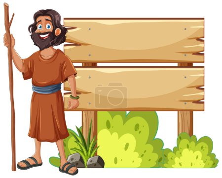 Illustration for Cartoon shepherd standing next to a blank sign. - Royalty Free Image