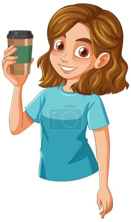 Sonriente jovencita sosteniendo una taza reutilizable