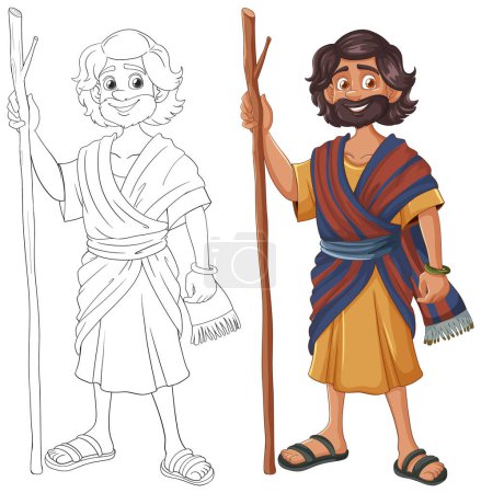 Illustration for Illustration of a man in historical clothing with staff. - Royalty Free Image