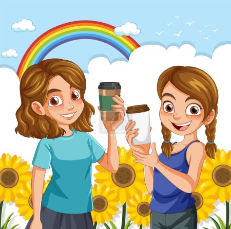 Two smiling girls with drinks among sunflowers under a rainbow.