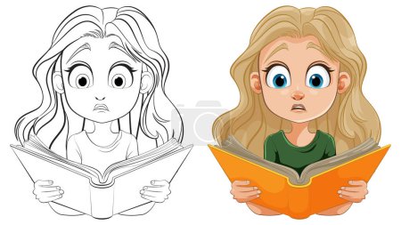Colorful and line art illustrations of a girl reading