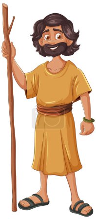 Illustration for Vector illustration of a smiling ancient man with a staff. - Royalty Free Image