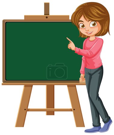 Cartoon teacher pointing at an empty green chalkboard