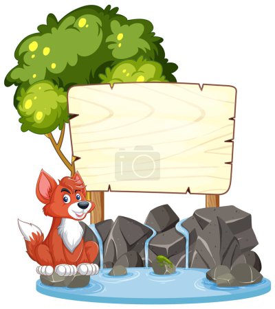 Illustration for Cartoon fox sitting beside a blank signboard - Royalty Free Image