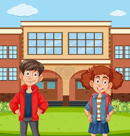 Two cartoon kids smiling in front of school