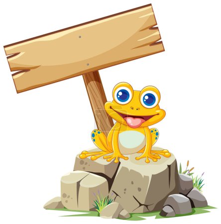 Téléchargez les illustrations : Illustration vectorielle d'une grenouille heureuse sur un rocher. - en licence libre de droit