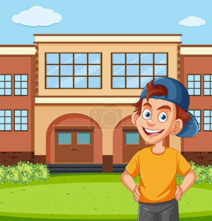 Cheerful young boy outside school building illustration