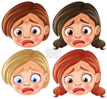 Téléchargez les illustrations : Quatre enfants de bande dessinée montrant des expressions inquiètes. - en licence libre de droit