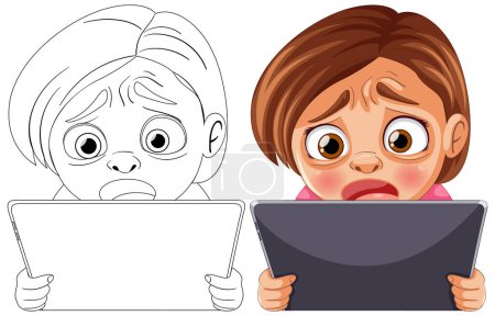 Ilustración de Dos niños de dibujos animados mirando sorprendidos a sus pantallas. - Imagen libre de derechos
