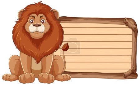 Téléchargez les illustrations : Lion dessin animé assis à côté d'un panneau en bois vierge. - en licence libre de droit