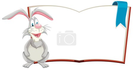 Karikatur-Kaninchen steht neben einem offenen Buch