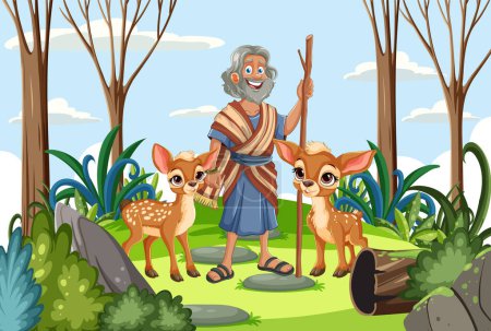 Ilustración de Viejo alegre de pie con dos jóvenes ciervos - Imagen libre de derechos