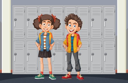 Dos niños alegres de pie en el pasillo de la escuela