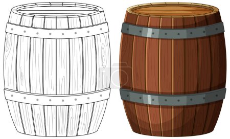 Ilustración de Dos barriles de madera, uno de color, uno delineado. - Imagen libre de derechos