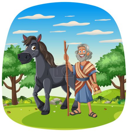 Cartoon of an old shepherd standing with a horse