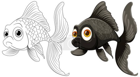Téléchargez les illustrations : Croquis noir et blanc à côté de poissons rouges de couleur - en licence libre de droit