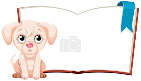 Adorable cartoon puppy sitting by an open book