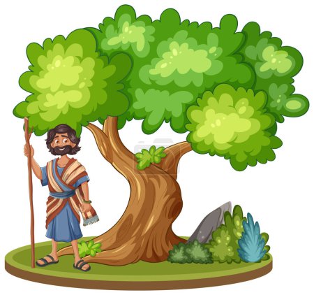 Illustration for Cartoon of a man leaning on a tree with staff - Royalty Free Image