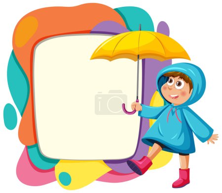 Téléchargez les illustrations : Dessin animé enfant en imperméable tenant un parapluie jaune. - en licence libre de droit