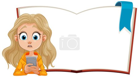 Cartoon girl shocked by content on her phone