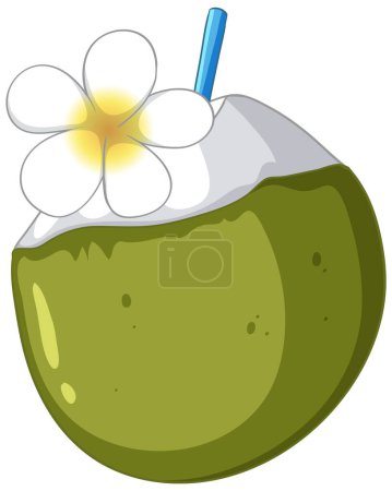 Ilustración de Gráfico vectorial de un coco con paja y flor - Imagen libre de derechos