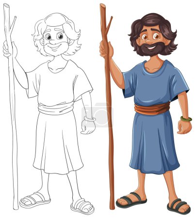 Téléchargez les illustrations : Illustration vectorielle d'un personnage, avant et après la coloration - en licence libre de droit