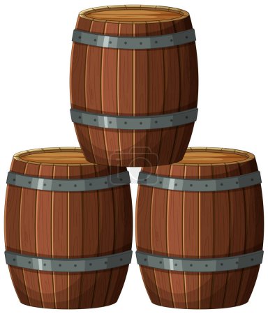 Ilustración de Tres barriles de madera apilados con bandas de metal. - Imagen libre de derechos