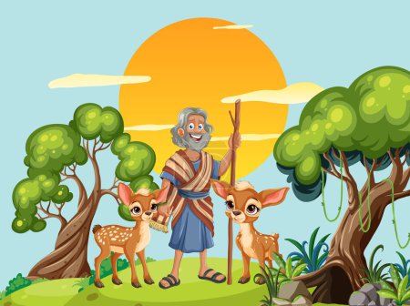 Illustration for Cheerful old man with two deer in nature - Royalty Free Image