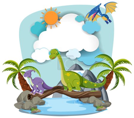 Téléchargez les illustrations : Dinosaures colorés avec un ptérosaure volant au-dessus. - en licence libre de droit