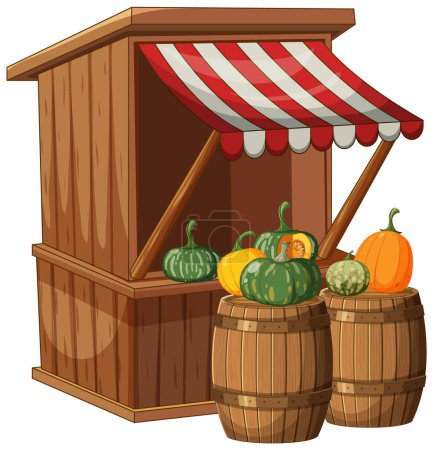 Wooden stall with pumpkins on barrels under awning