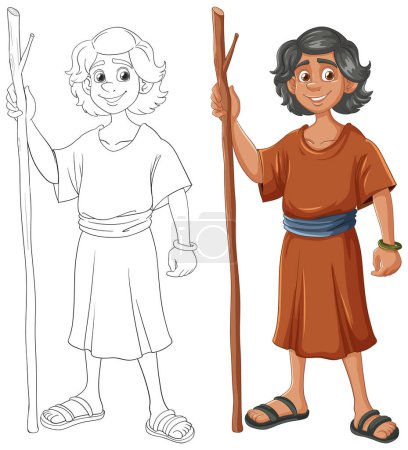 Illustration for Colorful and line art of a happy young shepherd. - Royalty Free Image