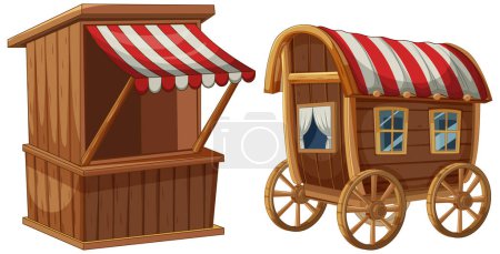 Téléchargez les illustrations : Illustration de kiosque et chariot de marché en bois à l'ancienne - en licence libre de droit