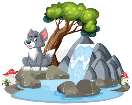 Téléchargez les photos : Un loup de dessin animé heureux assis près d'une cascade - en image libre de droit
